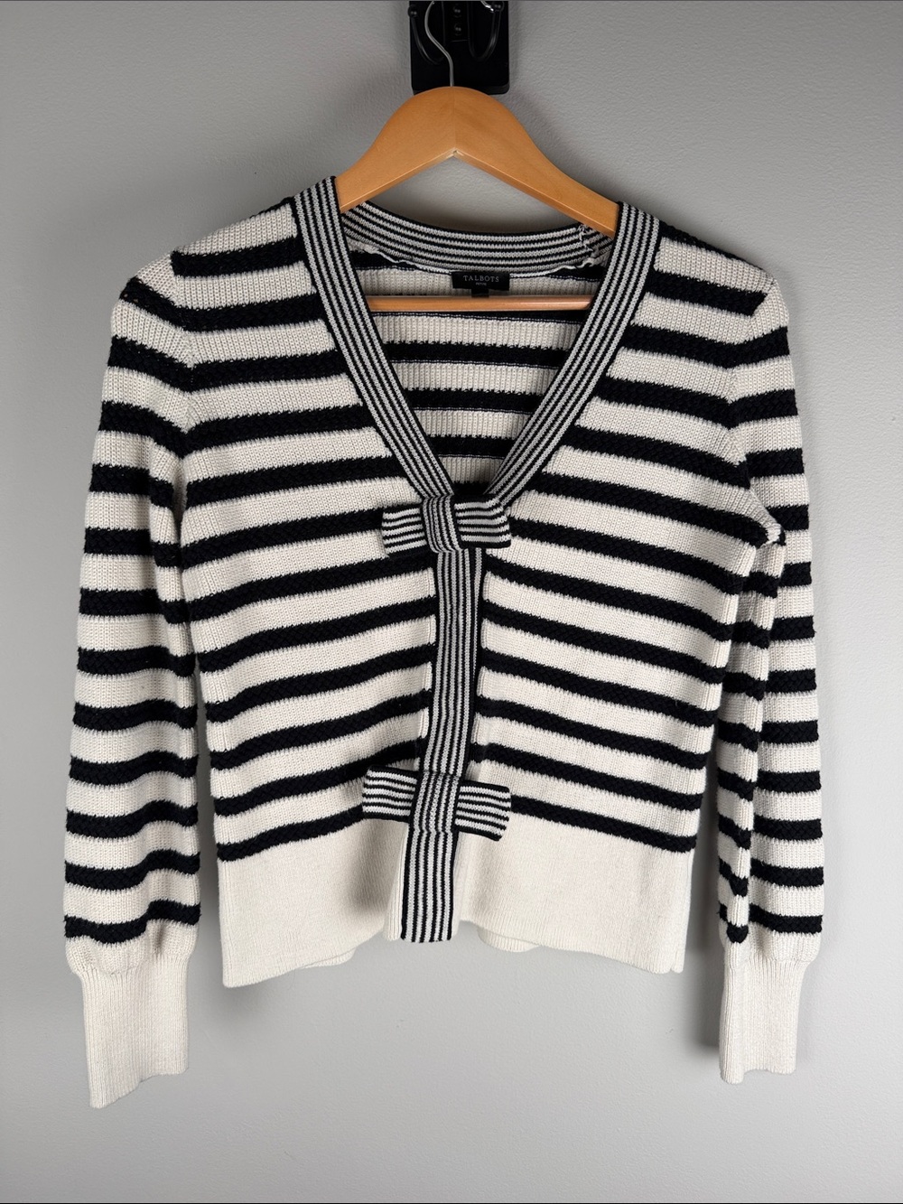 Talbots Petite Striped V-Neck Bow Front French Girl Cardigan Size XSP